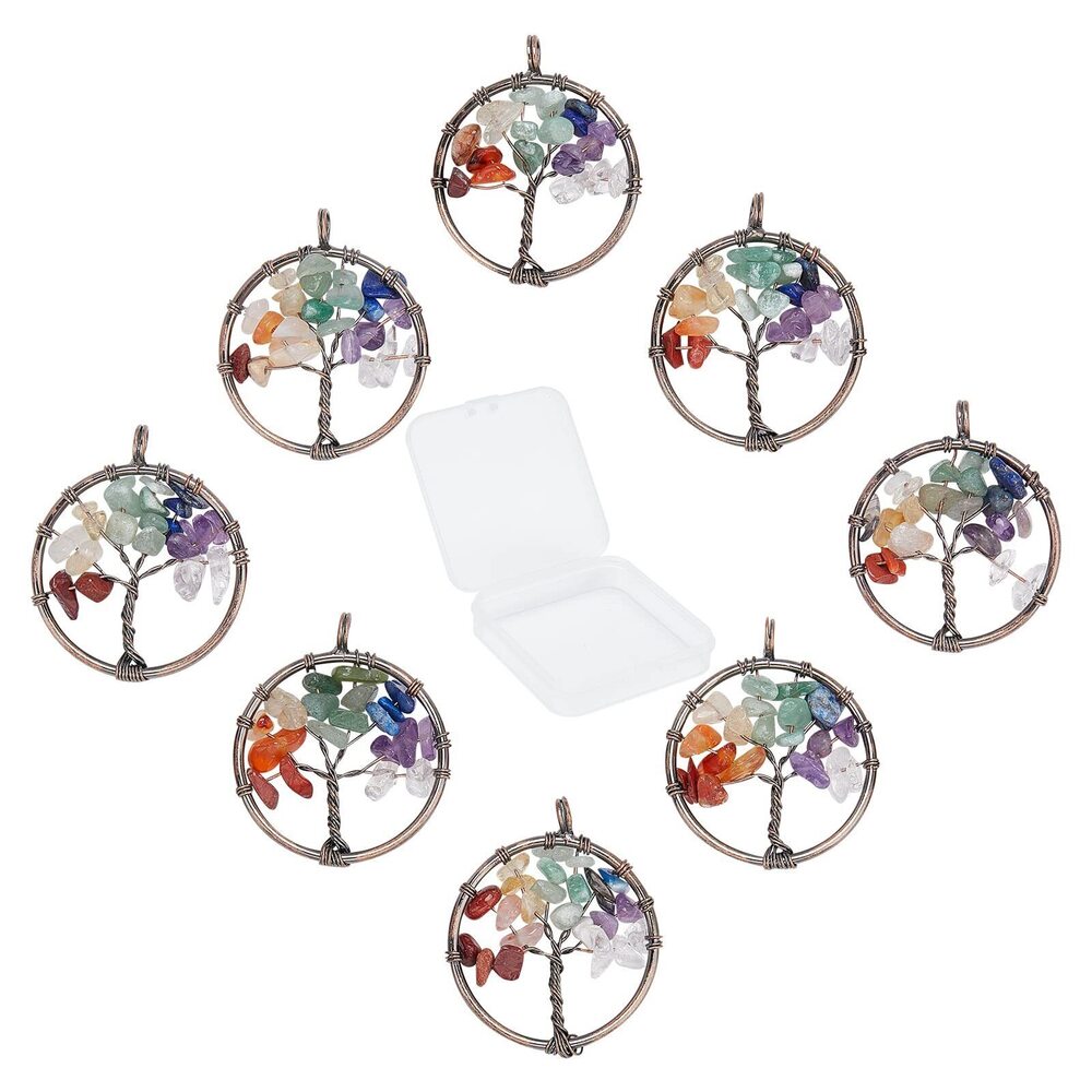 3828 8Pcs Tree Life Charms Quartz Crystal Gemstone Flat Round with Tree of